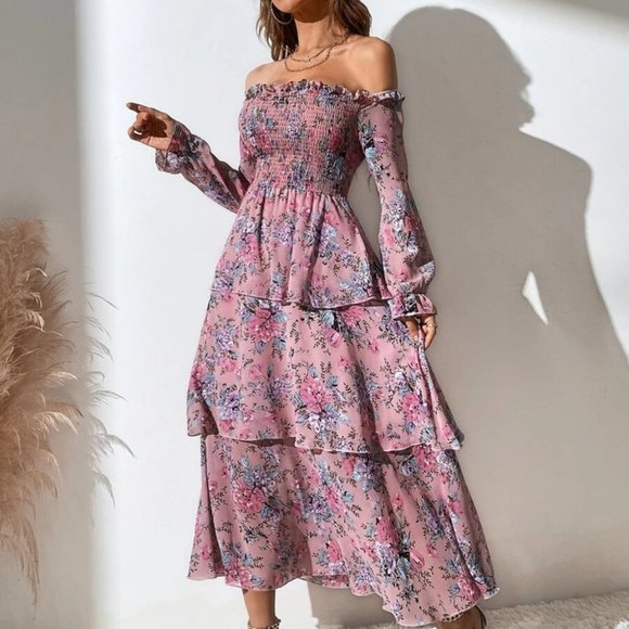 . Dresses & Skirts - Shirred Layered Hem Floral Printed  Off The Shoulder Dress Dusty Pink